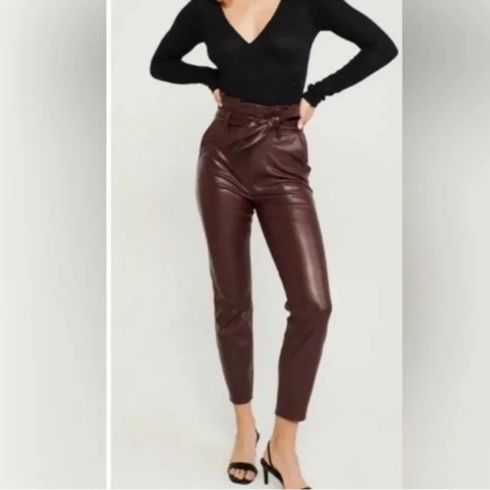 Abercrombie and Fitch Maroon Dark Red Faux Leather Paper Bag Waist Pants - Picture 1 of 9